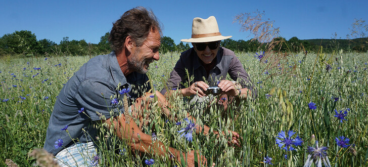 Michael Krämer (Untere Naturschutzbehörde) und Theresia Dietz (Amt für Ernährung, Landwirtschaft und Forsten, Bad Neustadt) freuen sich über die Vielfalt an Ackerwildkräutern in der Nähe von Unterweißenbrunn.